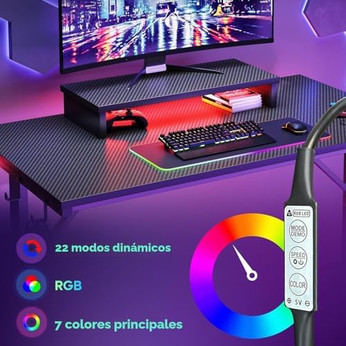 Escritorio Gaming 106.6CM LED Escritorio de Ordenador con Soporte de Monitor Estación de Trabajo Gamer con Portavasos Ganchos para Auriculares para el Hogar Oficina Dormitorio Pequeño Espacio