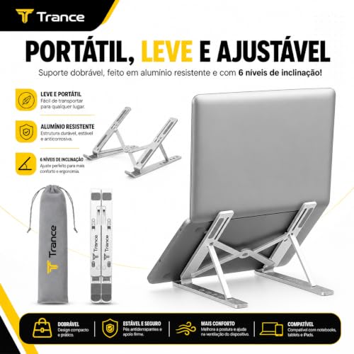 Suporte para Notebook e Tablet Linha Premium em Alumínio Dobrável e Ergonômico Para Desktop Portátil Ajustável em 6 Ângulos com Altura Regulável Leve Apoio Universal - Com estojo para armazenagem