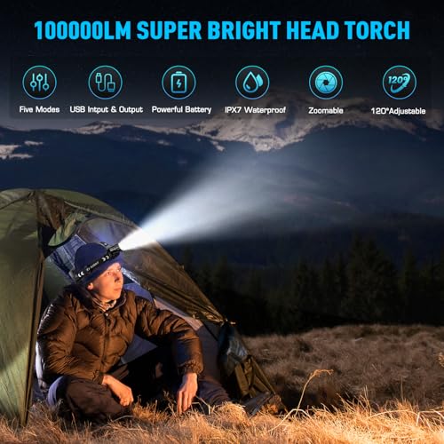 ET Head Torch Rechargeable, Super Bright 100000 LM LED Headlamp with 5 Modes & 30 Hours Runtime & IPX7 Waterproof & 120°Adjustable & Zoomable,Red Warning Headlight for Running Hiking Fishing Cycling