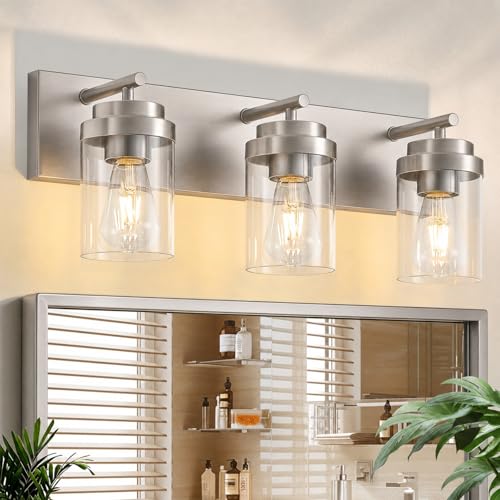 HTEJVE 3-Light Bathroom Light Fixtures, Brushed Nickel Vanity Lights at Amazon