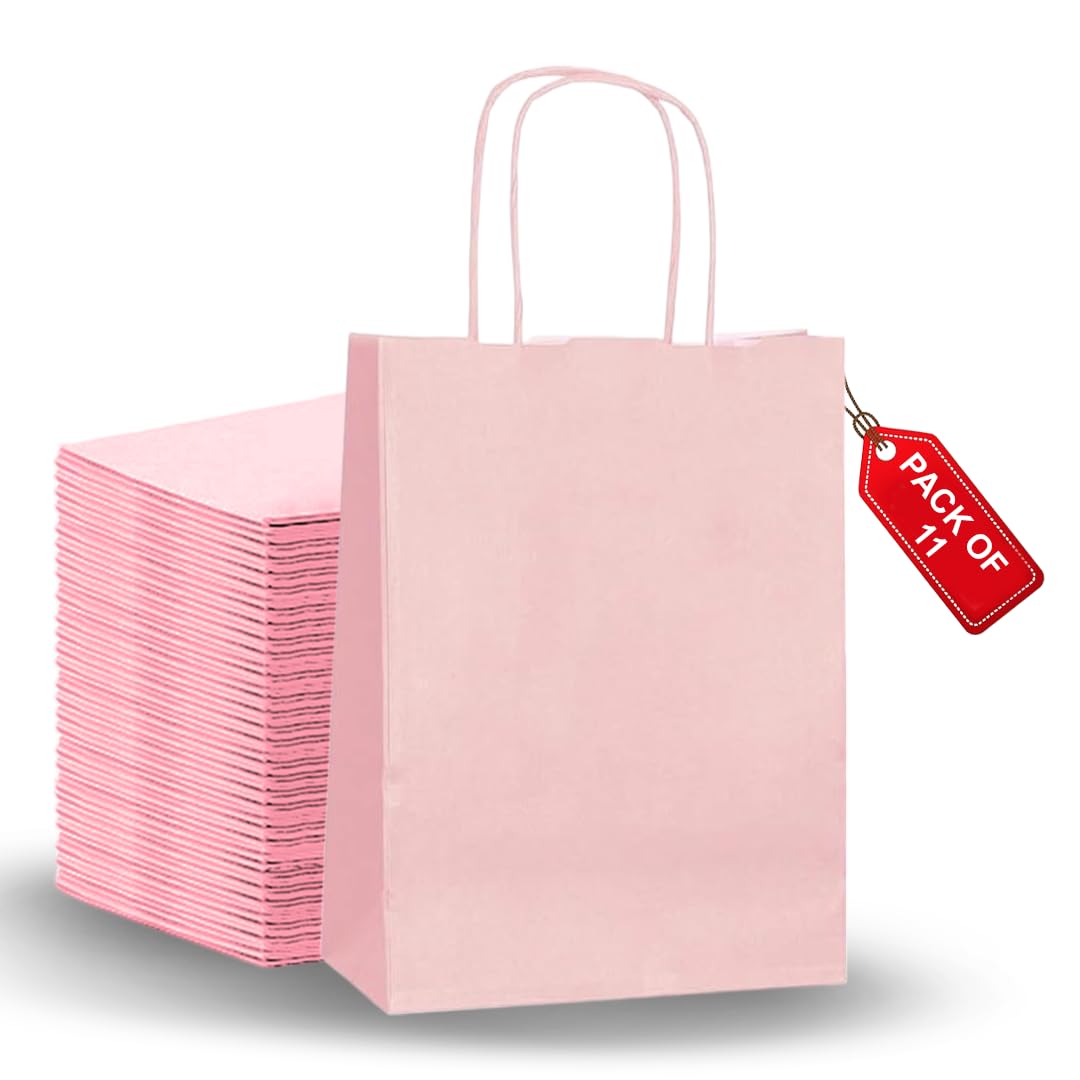 SMALL 11 Pcs Paper party bags for kids party - Gift carrier with twisted handles - Pink gift bags Perfect for Thanksgiving, Anniversary, Kids Birthday, Weddings, Baby Showers (31×21×11 CM)