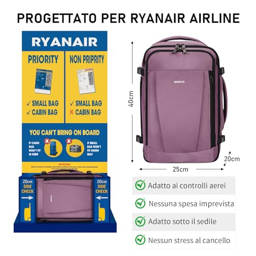ECOHUB Ryanair Travel Backpack 40 x 20 x 25 cm 13 Pockets Hand Luggage Under the Seat Handle Eco Friendly Airplane Bag in Recycled PET 20 Litres, Patented (Pink)