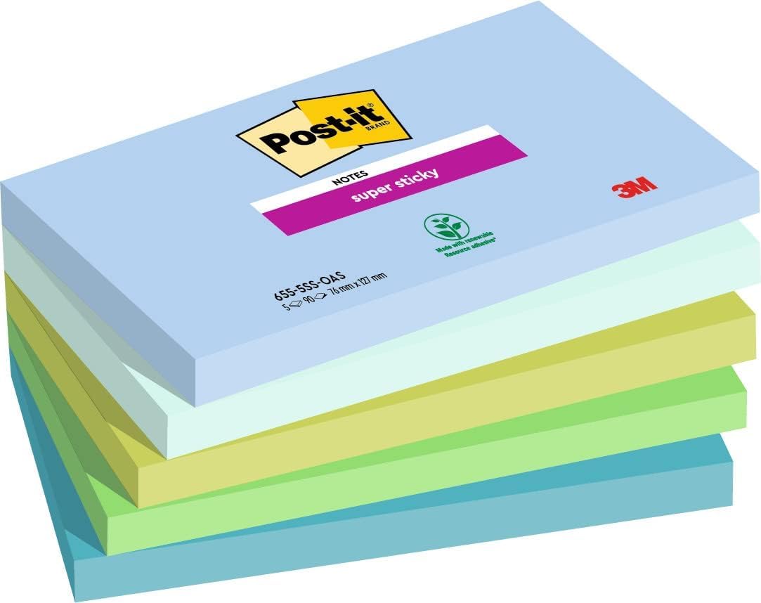 Post-it Super Sticky Notes, 450 Sheets, Pack of 5 Pads, 76 mm x 127 mm - Holds Strong to Many Surfaces - Blue, Green - for Walls, Monitors and Fridge, Recycable