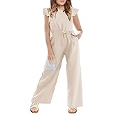 CharmWM Girls Casual Jumpsuit Kids Fashion Cap Sleeve Belted Wide Leg Romper One Piece Outfits with Pockets