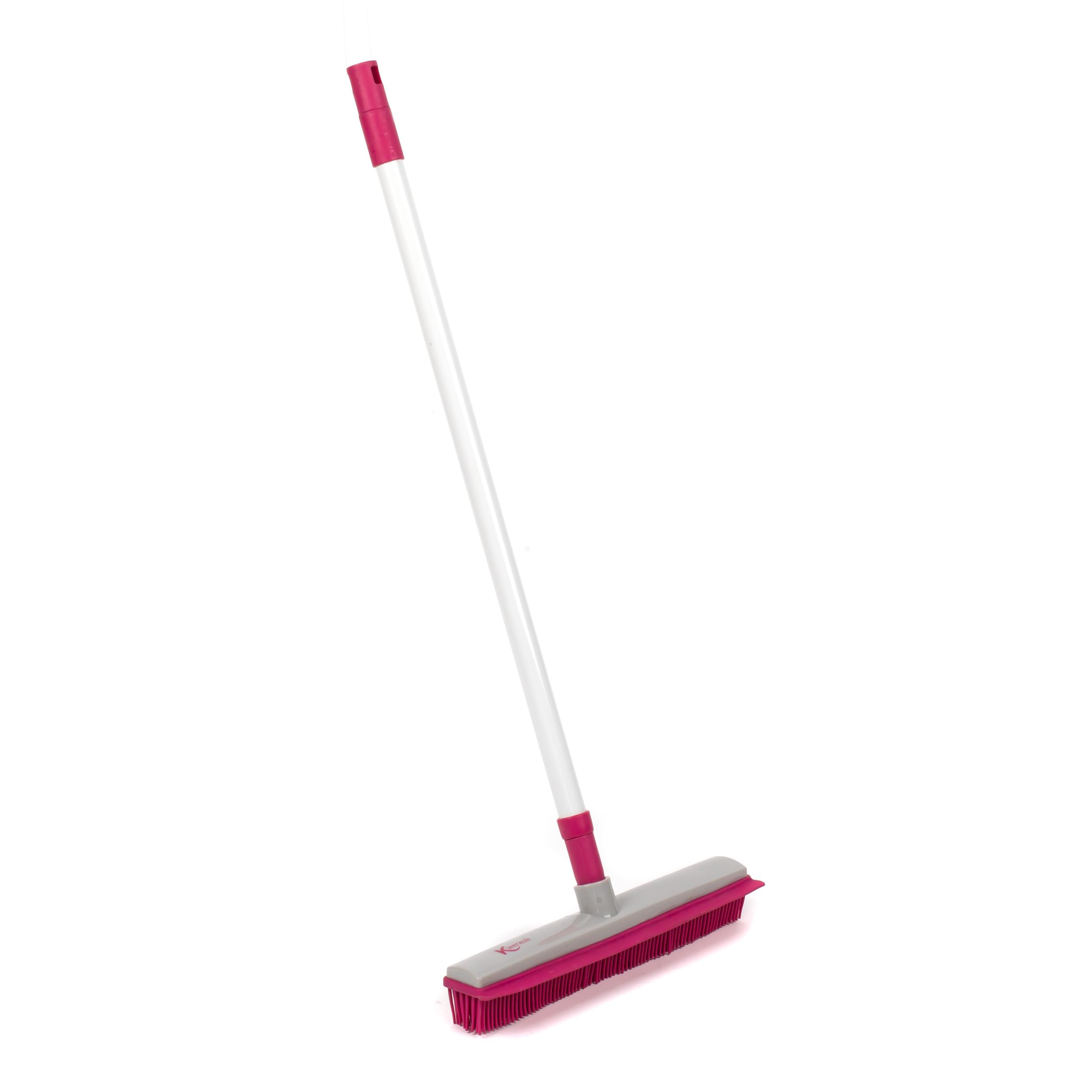 Kleeneze KL065315EU Rubber Cleaning Broom - Electrostatic Rubber Bristles Brush with Squeegee Edge, 1.2 Metre Telescopic Handle, Non-Scratch Sweeping Brush for Pet Hair, Dirt and Spillages, Pink/Grey