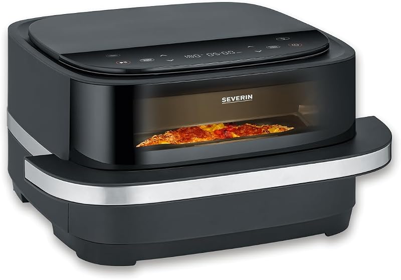 Friggitrice ad aria calda Pizza & More, programmi per pizza, 10 programmi di cottura, distribuzione ottimale del calore, forma extra larga, con finestra di visualizzazione, 4 l, 2100 W, nero