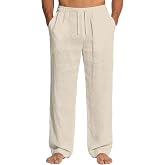 QOSOQ Mens Linen Pants Summer Beach Pants Casual Loose Fit with Waist Drawstring Lightweight Vacation Clothing