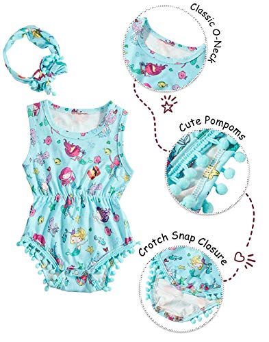 1 Year Old Yellow Fish Pattern Baby Girl Pom Pom Rompers with Headband Set Cute Sleepwear Newborn Boy Outfits Sleeveless O-Neck Tank Playwear Summer Outdoor Clothing 6-12 Months Size 90