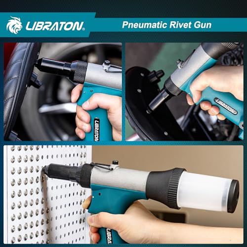LIBRATON Pneumatic Riveter Kit, Heavy Duty Pneumatic Riveter Gu 2.4mm 3.2mm 4.0mm 4.8mm with 200c Rivet, Professional Auto Repair Tool, Suctio Design