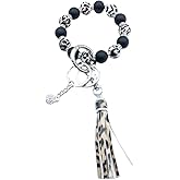 Unpafcxddyig Wristlet Bracelet Keychain Silicone Beads with Leather Tassel Rhinestone Key Rings Silver for Women