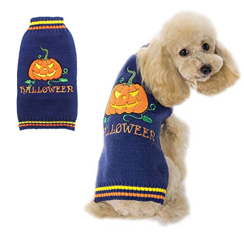 PETCARE Halloween Pet Dog Sweater Pumpkin Striped Knit Jumper Clothes For Dogs Pets Costume Holiday Party for Cat and Puppy(Navy Blue Pumpkin,S)