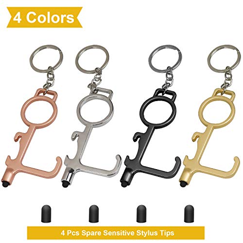 No Touch Door Opener, 4 Pack Portable EDC Door Opener Bottle & Can Opener, Safety Anti Contact Hands Tools with Smart Stylus for Screens Elevators Keypads (Black+Silver+Golden+Rose Gold)