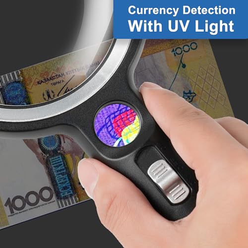 GABORISH Magnifying Glass with Light, 10X 20X 45X Handheld Magnifying Glass with 30 LED and 1 UV, Magnifying Glass for Reading, Inspection, Coins, Jewellery, Exploring, Reading Magnifying Glass for Seniors Large (Silver)