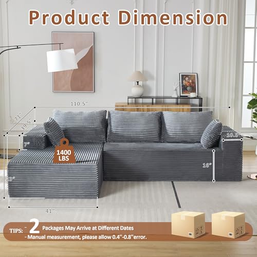 WUTUTUEE 110" Boneless Sectional Couch with Chaise Lounge, Cloud Couch Compressed Sofa L Shape, No Assembly Memory Foam Sofa for Living Room, Grey Corduroy