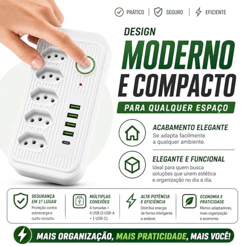Filtro de Linha 2500W Bivolt com 4 USB + 1 USB-C, 5 Tomadas 3 Pinos, Cabo 2m, Proteção Contra Sobrecarga, Interruptor Liga/Desliga, Régua de Energia para TV, PC, Notebook, Escritório e Setup Gamer