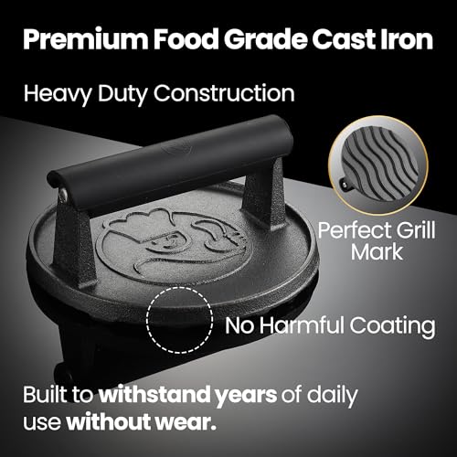 Smash Burger Press for Griddle, 5-Year Warranty, 2 lb Heavy Duty Burger Smasher Tool with Heat-Resistant Handle, Premium Cast Iron Bacon & Sandwich Maker, Hamburger Press for BBQ Grilling Accessories