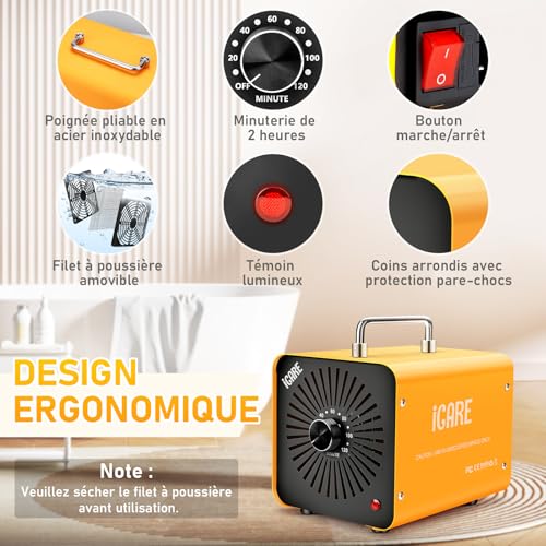 ICARE Home Ozone Generator 60000mg/h, Yellow Ozone Machine | Ozone O3 Portable Air Purification and Odour Removal Device for Office, Bathroom, Home, Car