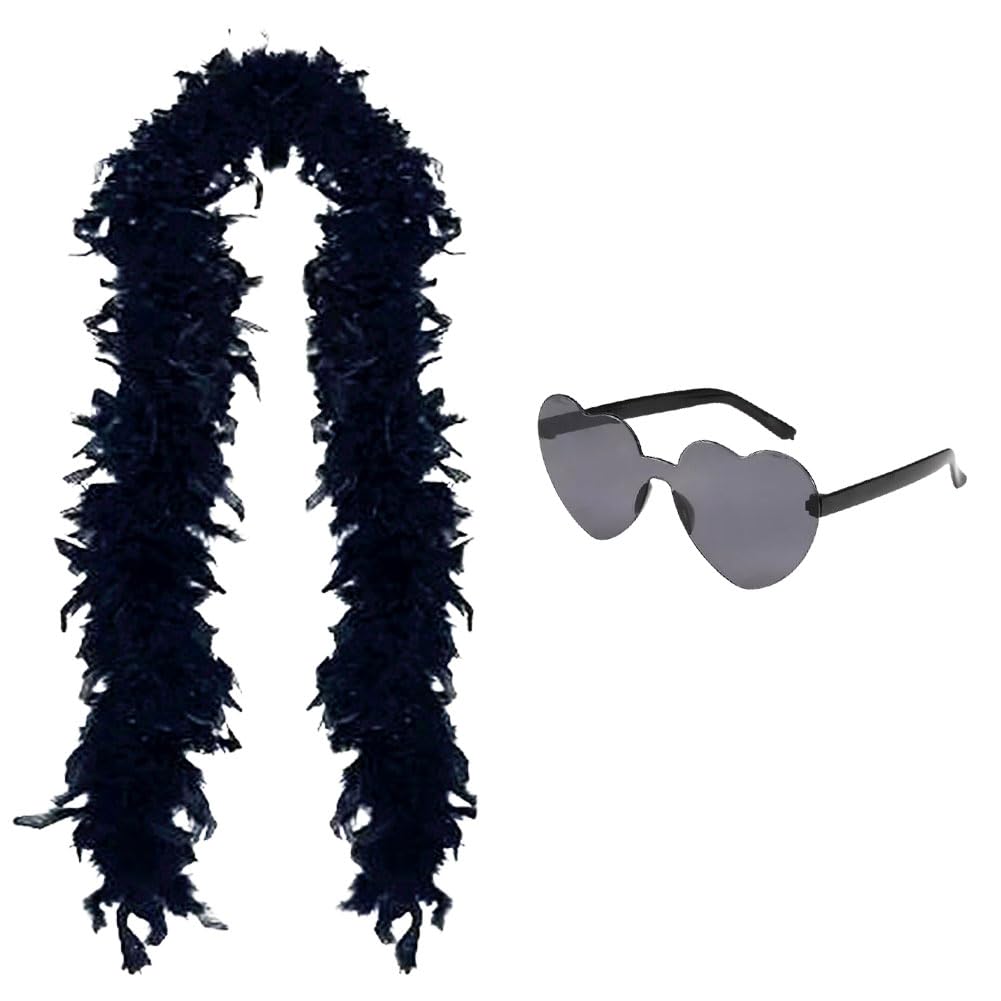Feather Boa, 2PCS Feather Scarf Set with Heart Glasses Dancing Party Props Halloween Cosplay Costume Accessory Holiday Decors Party Accessories for Dancing Wedding Party Halloween Carnival(Black)