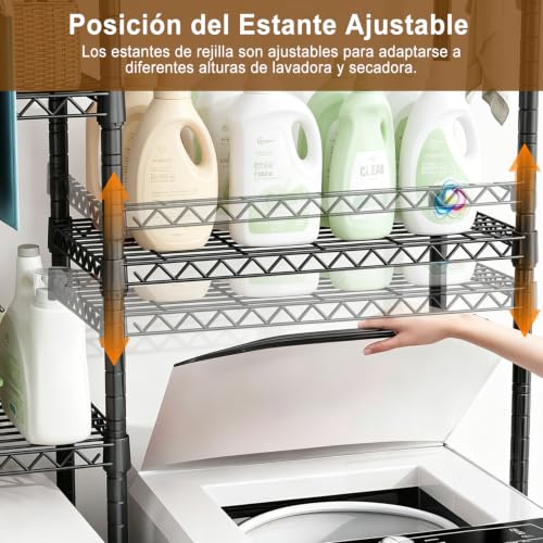 Kisfam Mueble para Lavadora y Secadora, Estante Organizador de Lavandería de 4 Niveles, Estructura Metálica Independiente con Tendedero, 170 cm Ancho x 50cm Fondo x 197 cm Alto
