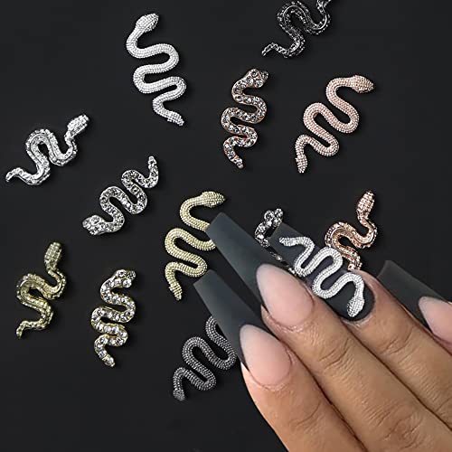 24 pcs/Box 3D Snake Nail Charms with Rhinestones, Gold Silver Snake