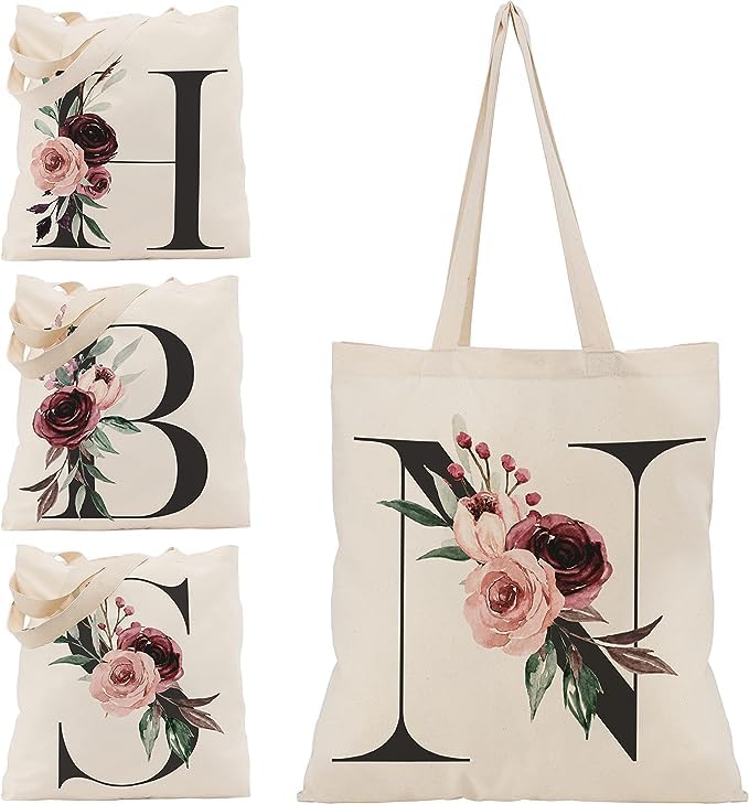 Floral Initial Canvas Bag Gifts for Women - 15"x16" Shoulder Tote Bags for Bridesmaids Hen Party Teacher Gift Shopping Bag C1 (Initial #N)