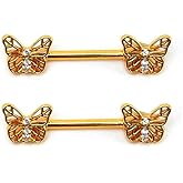 Zynova 14G Butterfly Nipple Rings for Women 316L Surgical Steel Nipple Barbell Nipple Shield Studs Straight Bar Nipplerings Dainty Nipple Piercing Jewelry 14mm