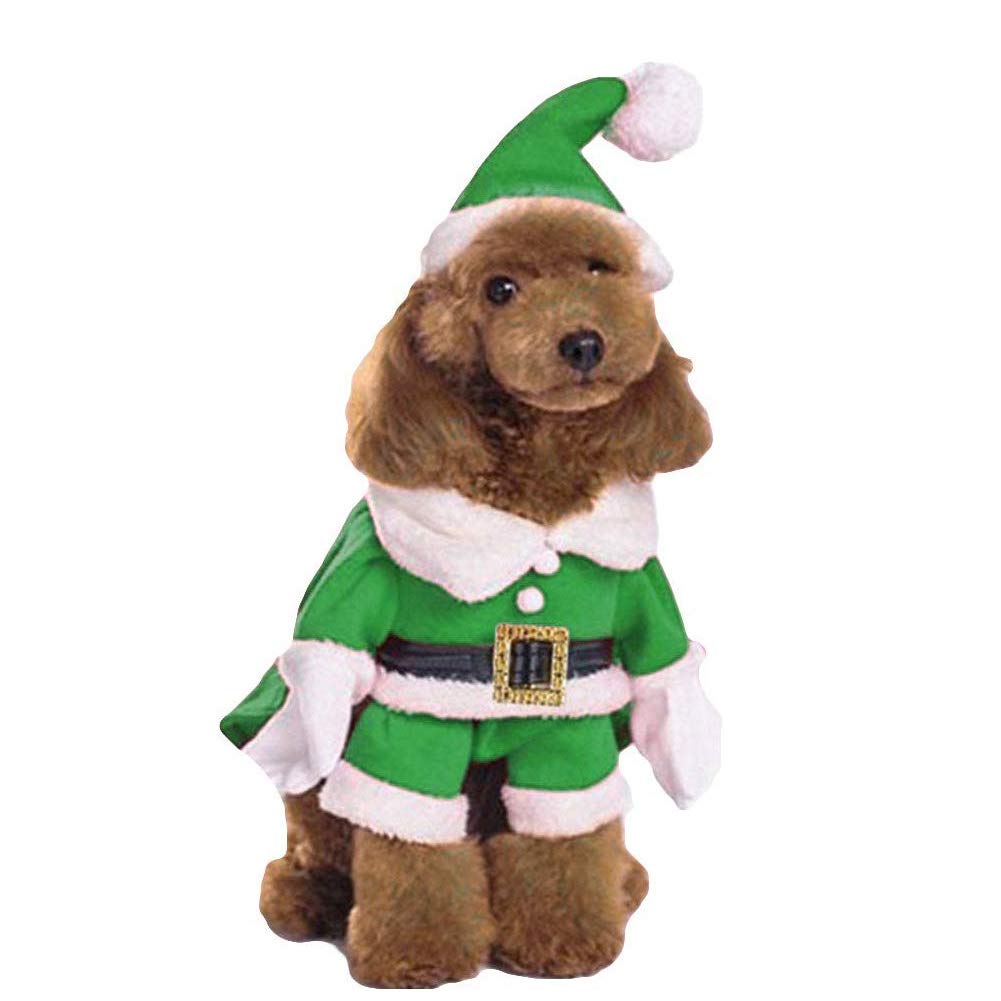 DELIFUR Pet Christmas Costumes - Dog & Cat Xmas Suit with Cap, Santa Claus Hoodies - Warm in Winter (Green, L)