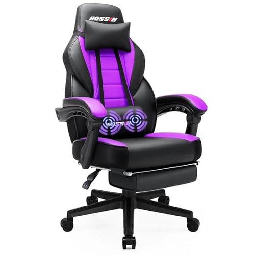 BOSSIN Purple Gaming Chair, Leather Computer Desk Chair with Footrest and  Headrest, Ergonomic Heavy Duty Design, Large Size High-Back E-Sports, Big 