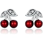 Kerraom Cherry Earrings for Women Hypoallergenic Fruit Stud Earrings 925 Sterling Silver Sweet Cherry Accessories for Daughter, Granddaughter Gifts