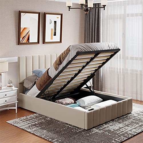 Upholstered Full beds Gas Lift Up Storage Platform Bed Frame with ...