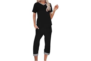 Cbcbtwo 2 Piece Pajama Set for Women Soft,Basic Solid Vneck Tops and Pocket Loose Capri Pants Casual Fashion Summer Sleepwear