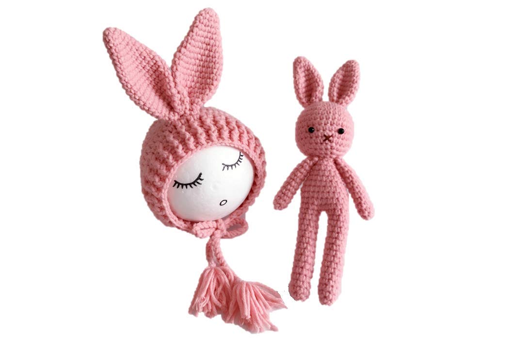 Matissa Newborn Baby Crochet Knit Costume Photography Prop Baby Bunny Hat and Doll Set (Pink)