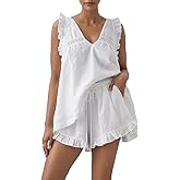 Sotimoon Womens Ruffle Short Set 2 Piece Outfits Fashion Summer Sleeveless Lace Trim Top and Shorts Cotton Pajama Sets