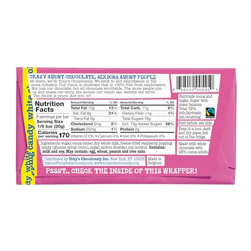 TONY’S CHOCOLONELY BELGIAN WHITE CHOCOLATE RASPBERRY CANDY BAR WITH POPPING CANDY, CHOCOLATE BAR FOR SNACKS, PARTY FAVORS, GIFTS, OR GIFT BASKET, 28% CACAO, MADE FROM QUALITY FAIRTRADE COCOA, 6.35 OZ