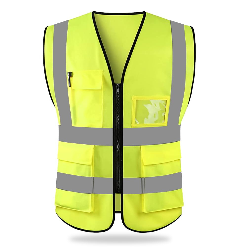 HYCOPROT Hi Vis Viz High Visibility Reflective Safety Vest Waistcoats Jacket Workwear Executive Zip 2 Band Security Mobile Phone Pocket ID Holder (Yellow, L)