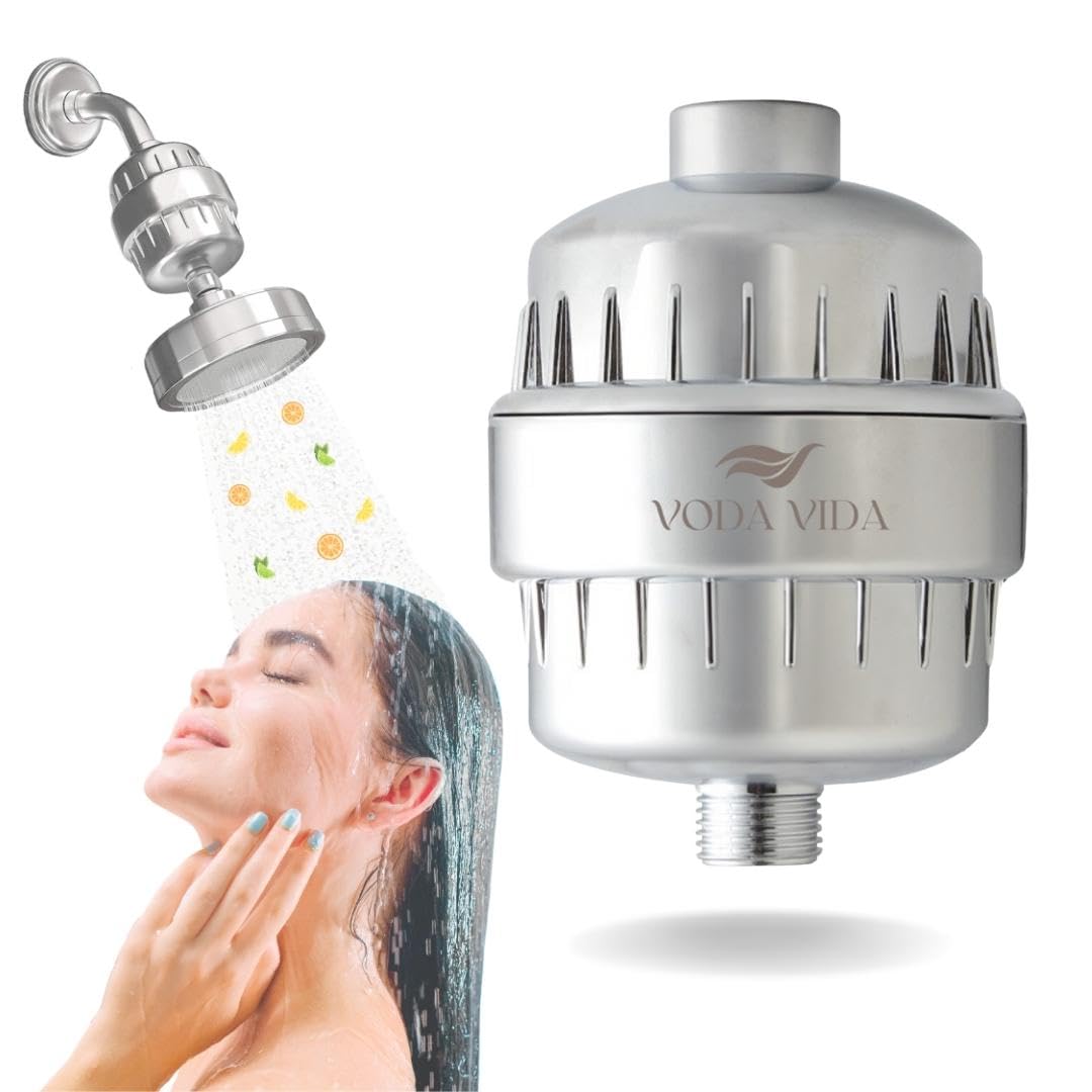Voda Vida Shower Filter for Hard Water - 15 Stage Shower Filters to Remove Chlorine and Fluoride - Reduce Dry Skin, Eczema, Dandruff, Hair Loss - Universal Size