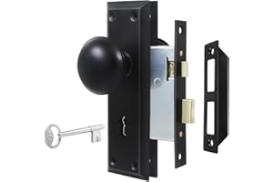 Newliplace Mortise Lock Set for Interior Door, Vintage Old Door Knobs with Lock and Skeleton Key, Antique Door Knobs Matte Black Finish