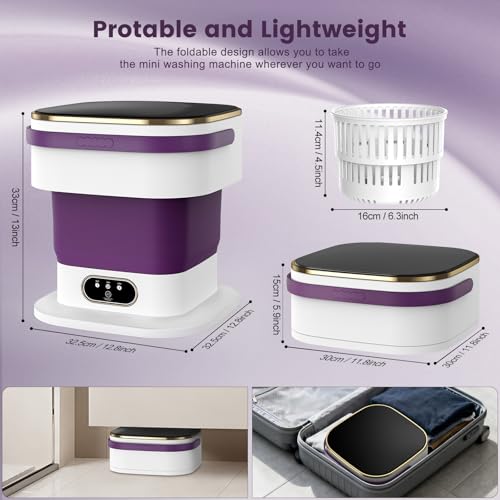 Mini Washing Machine, 15L 2 in 1 Portable Washing Machine with Spin and 3 Cleaning Modes for Small Clothes, Folding Camping Washing Machine for Travel, Apartments (Purple)