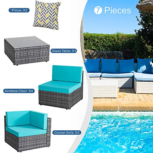 Walsunny 7 Piece Outdoor Patio Furniture Sets, PE Silver Gray Rattan Wicker Sectional Sofa Couch