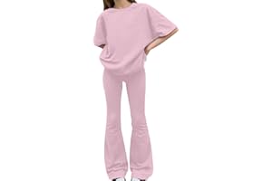 Girls 2 Piece Outfit Kids Summer Cute Sweatsuit Teen Flare Pants Set Plain Short Sleeve T Shirt Trendy Tracksuit