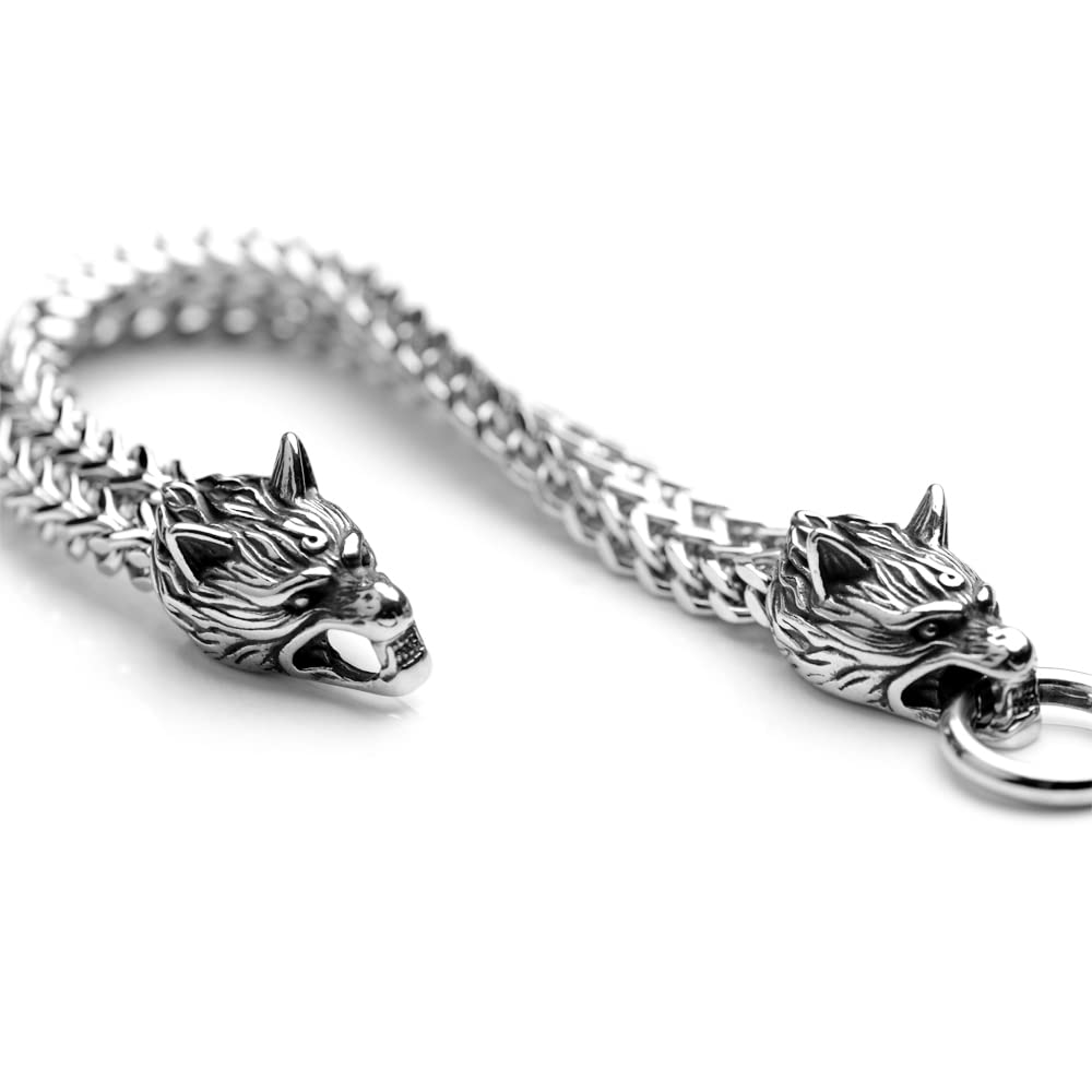 LANGHONG Norse Viking Stainless Steel Men's Link Bracelet Punk Wolf Head Curb Chain Bracelet 7.4 8.2 9 inches