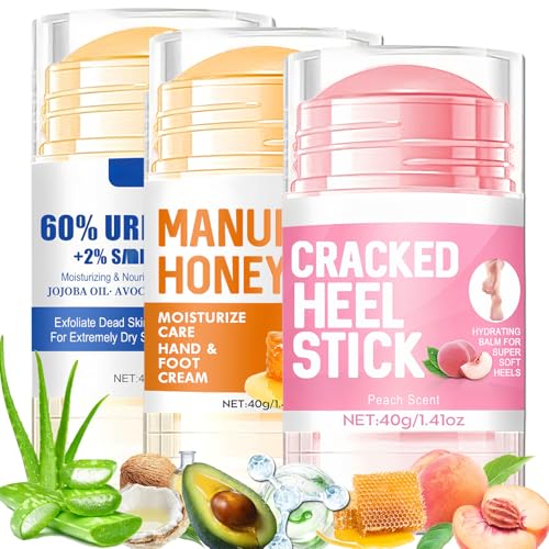 KAHSOSE Urea Heel Balm Stick for Feet and Hands,3Pcs Moisturizing Heel Balm for Dry Cracked Feet, Hydrating Stick for Foot & Hands, For Women & Men, Travel Size(Honey, Urea and Honey)