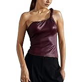 Women's PU Leather Tank Crop Top Mock Neck Sleeveless Asymmetrical Ruched One Shoulder Pleated T-Shirt