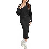 Anyshe Women's 2 Piece Matching Knit Sweater Set, Long Sleeve V-Neck Top with Maxi Skirt, Effortless Style for Vacation