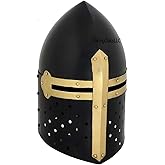Medieval Knight Crusader Armour Helmet | Black Finish Sugarloaf and Brass Design Templar Helmet | Great Greek Roman Spartan Helm A+ | Wearable for Adult | Medieval Costumes |