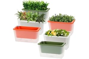 Window Herb Planter Box 6 Set, Clear 10.6 Inch Long Self Watering Plant Pots, Modern Rectangular Herb Pots, Decorative Flower