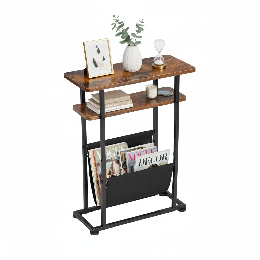 ZEXVIDA Slim Side Table for Small Spaces - 2 in 1 End Table with Magazine Holder - Rustic Brown