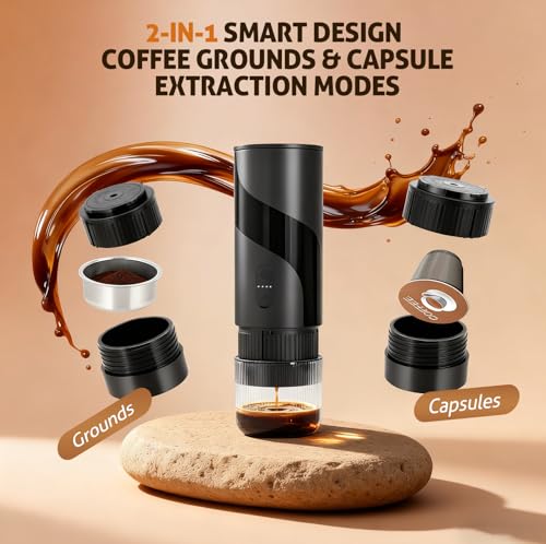 Travel Coffee Maker Compatible with 3.5 x 2.8 cm Capsules and Ground Coffee, 3 in 1 Portable Coffee Machine with 100 ml Water Tank, Capsule Coffee Maker for Espresso 20Bar Refillable
