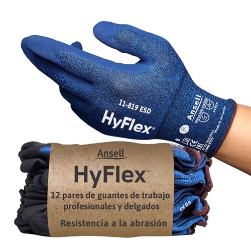 Ansell HyFlex 11-819 Ultrathin Work Gloves, Abrasion Resistant Nitrile Coating, Electrostatic Discharge Protection, Antistatic, Touchscreen, Industrial Safety, Blue, Size S (12 Pairs)