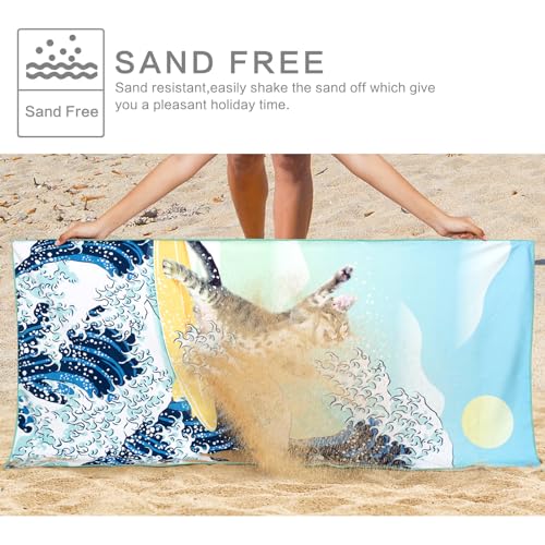 Funny Cat Beach Towel,Surfer Cat Beach Towel Battle Blue Ocean Great Wave Cotton Blend Towel Soft Absorbent for Kids Men Women Camping Towel for Gym, Hiking, Pool, Bath, Yoga,Travel Vacation